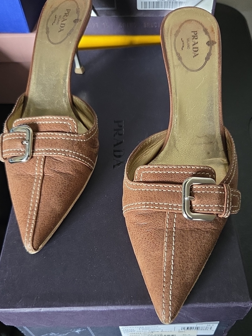 Prada Brown Suede Pointed Buckle Mules